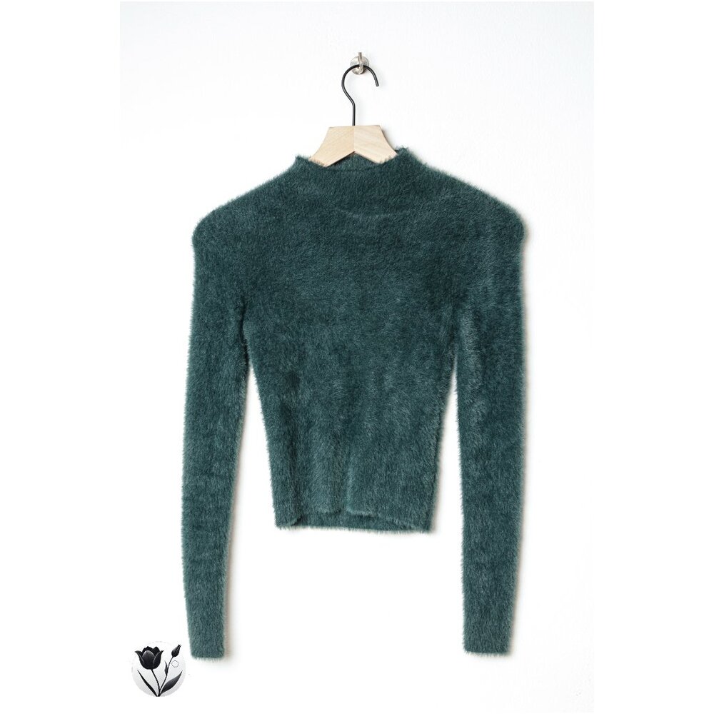 Babaton Green Fuzzy Mock Neck Sweater 2XS Soft Long Sleeve Warm Cozy Fall Winter
